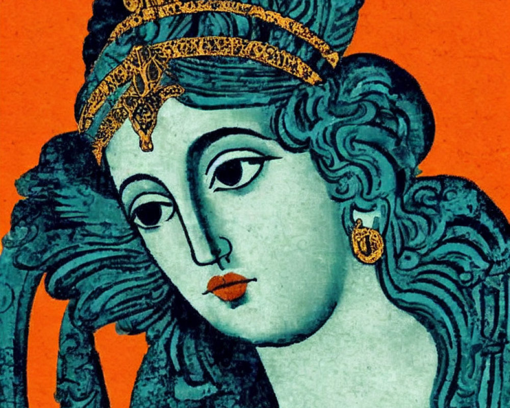 Stylized woman illustration with ornate headgear on orange background