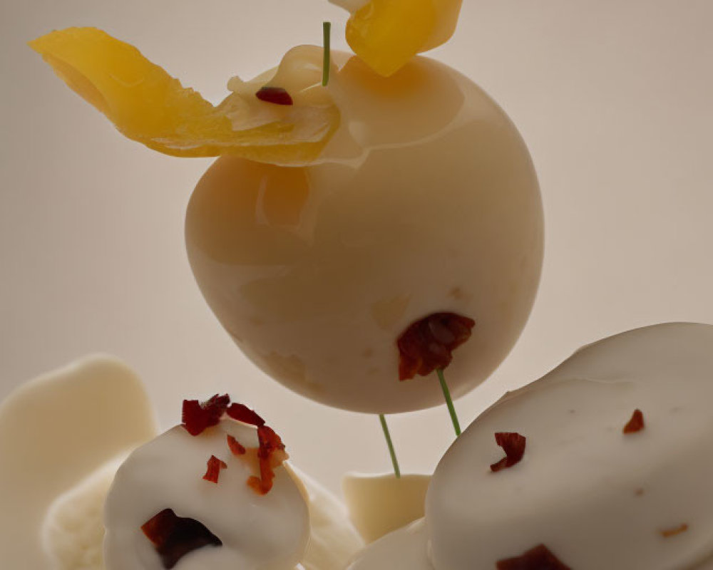 Creamy white dessert with shiny glaze, candied fruit slice, red flakes, and white chocolate