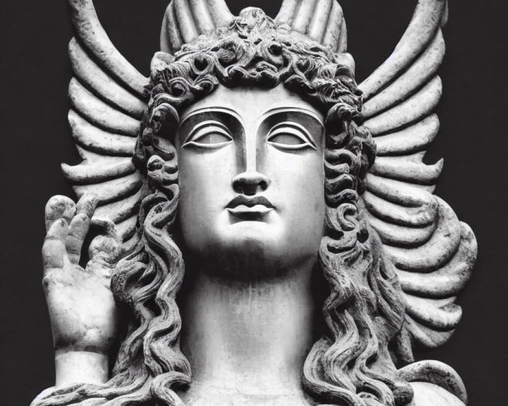 Monochrome image of a serene winged figure statue