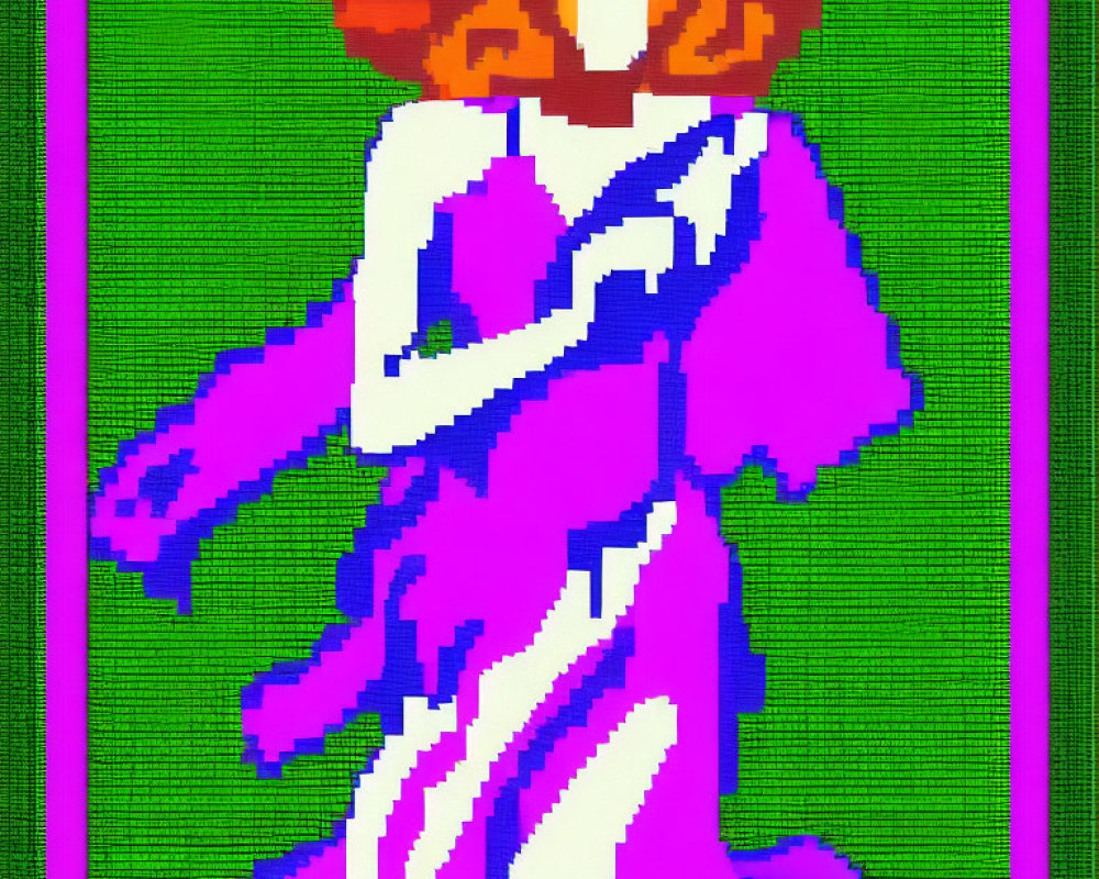 Pixelated image of person with orange hair in purple dress on green background with grey bars