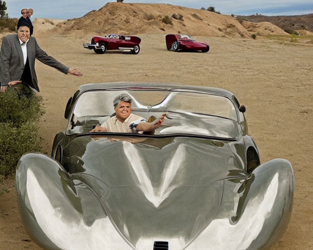 Excited person in silver car on desert road with two red cars and waving person