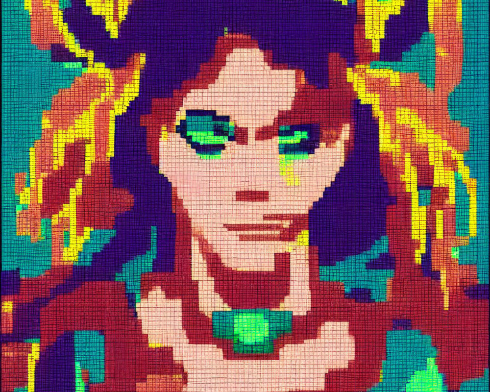 Detailed pixel art of person with green eyes and colorful hair against green, blue, and red background