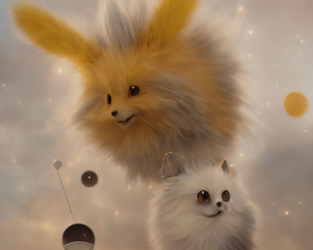 Fluffy mythical creatures above cloudy surface in dreamy setting