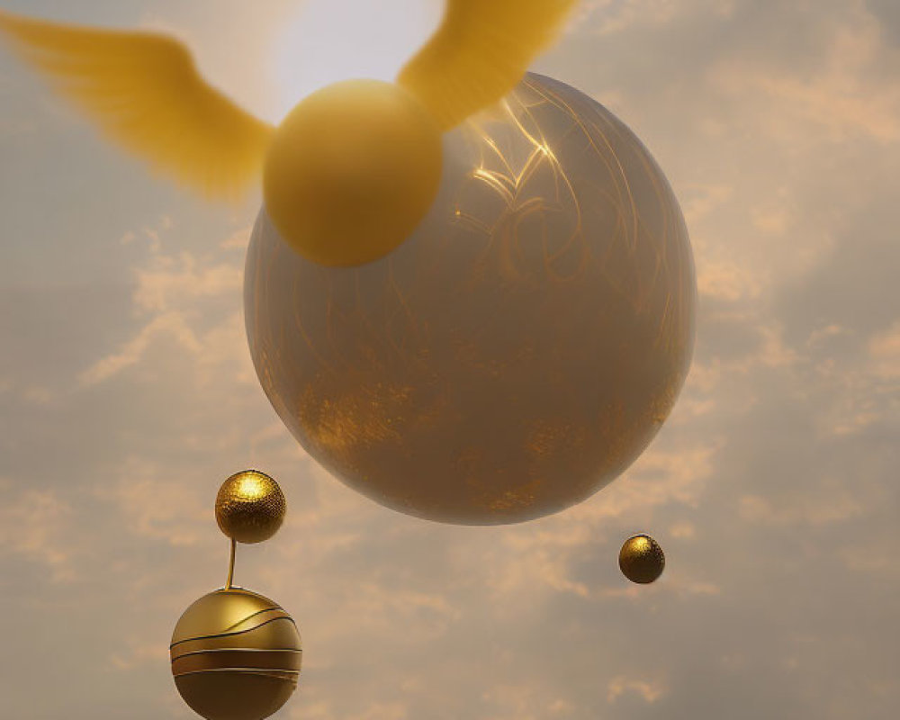 Golden sphere with patterns floating in cloudy sky with smaller orbs and bird silhouette.