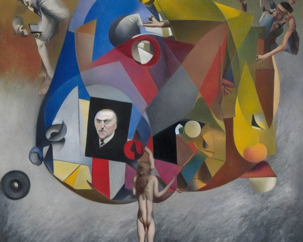 Geometric Shapes and Nude Woman in Abstract Cubist Painting