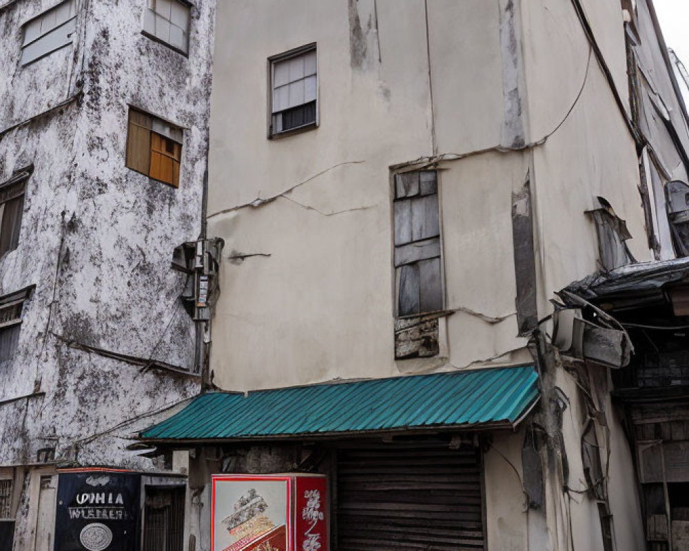 Weathered building with peeling walls and green awning next to signboard on narrow street depicts urban