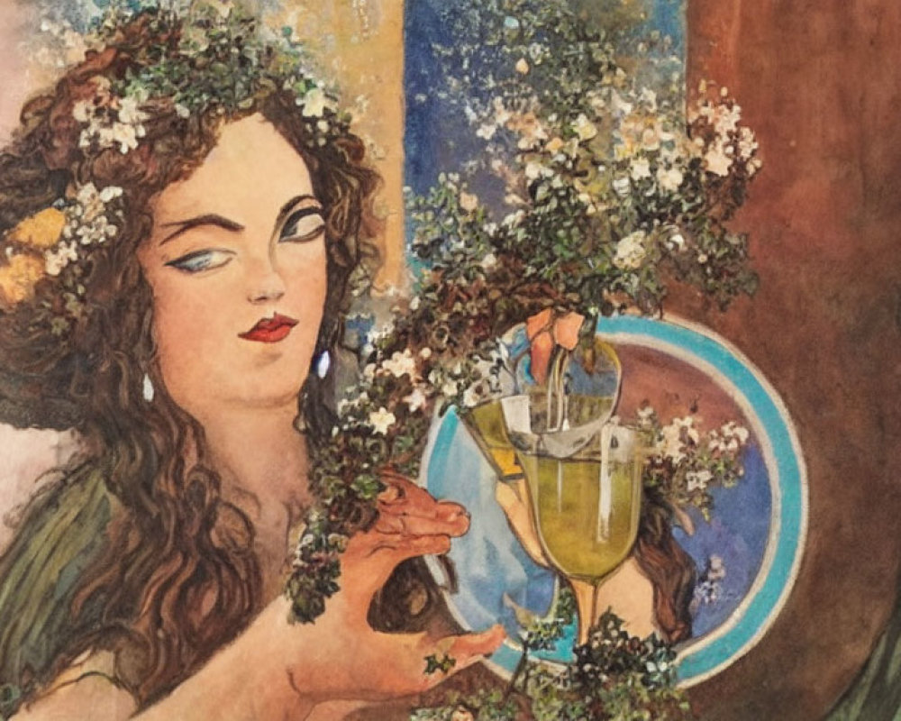 Illustration of woman with flowers pouring liquid under rainbow