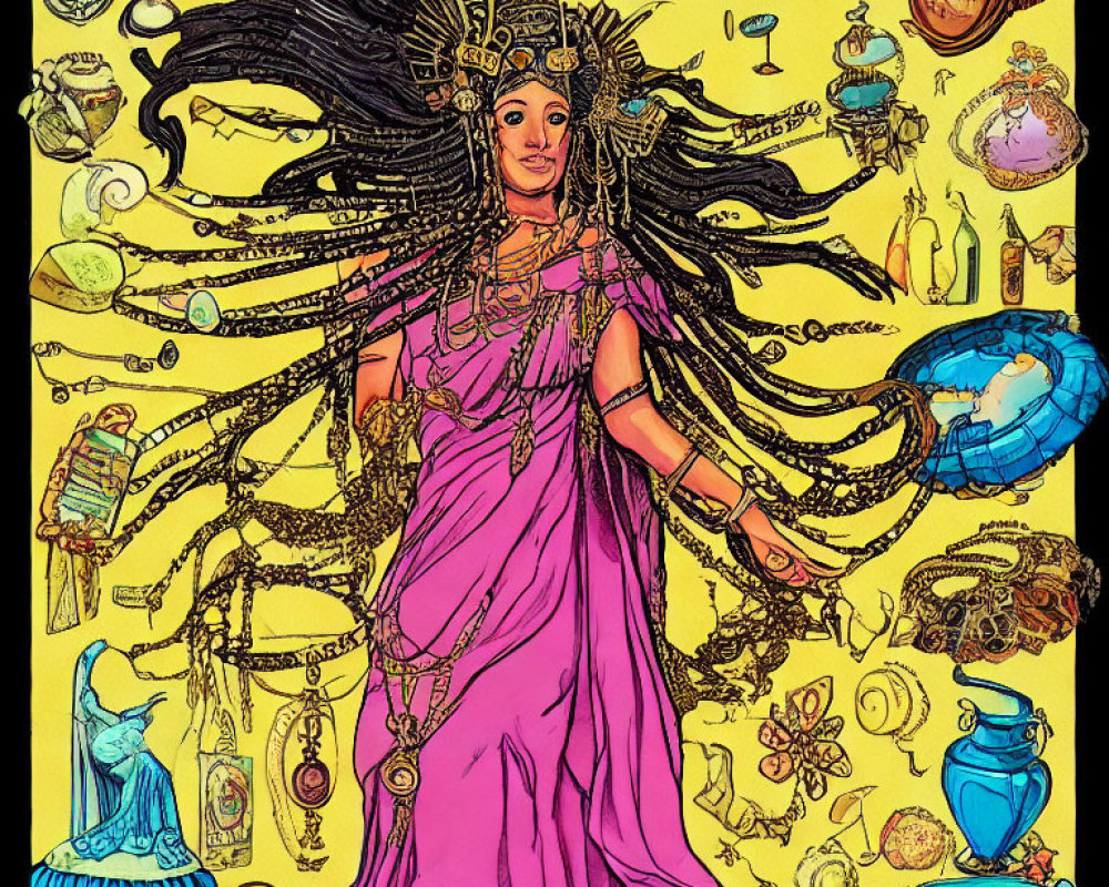 Colorful Goddess Illustration with Multiple Arms and Symbolic Items