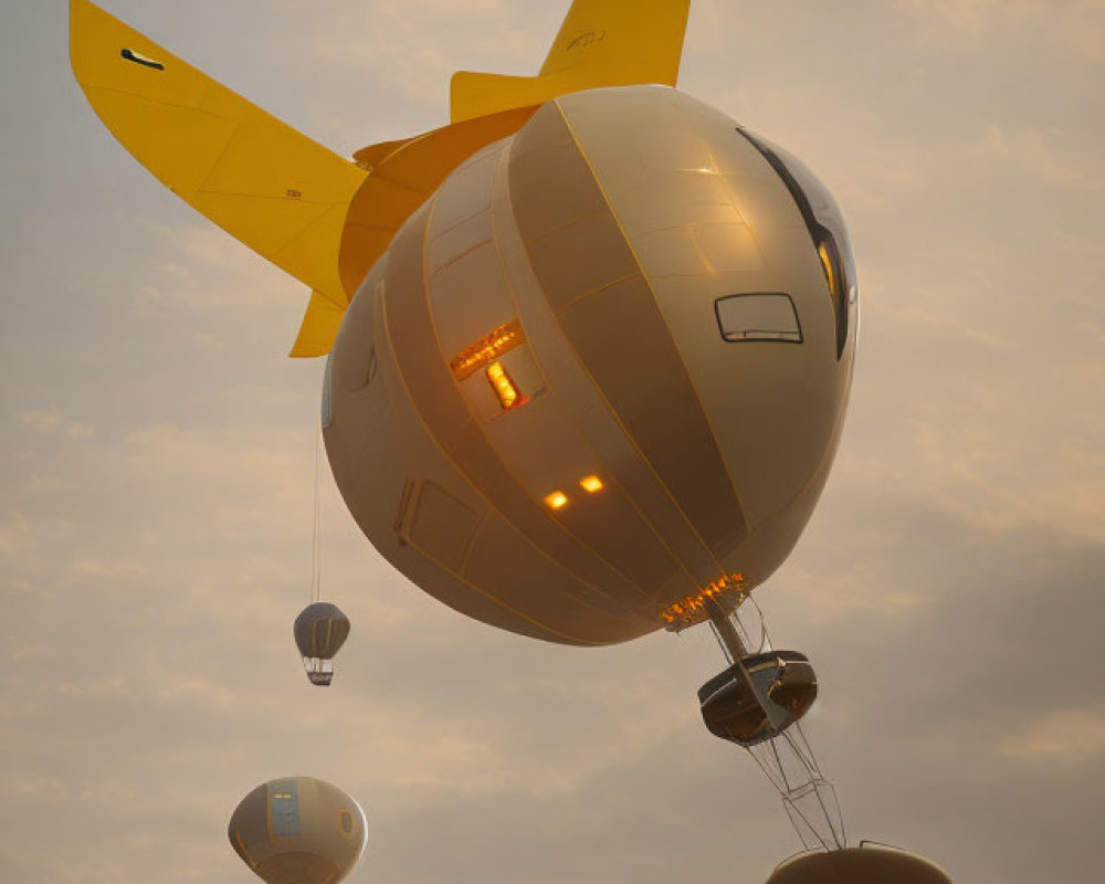 Hot air balloons fleet with yellow blimp-shaped balloon and shark-like fin in cloudy dusk sky