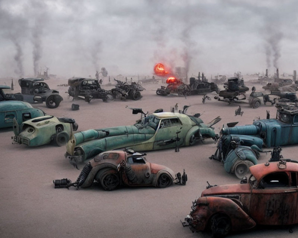 Desolate wasteland with abandoned vehicles and smoke columns