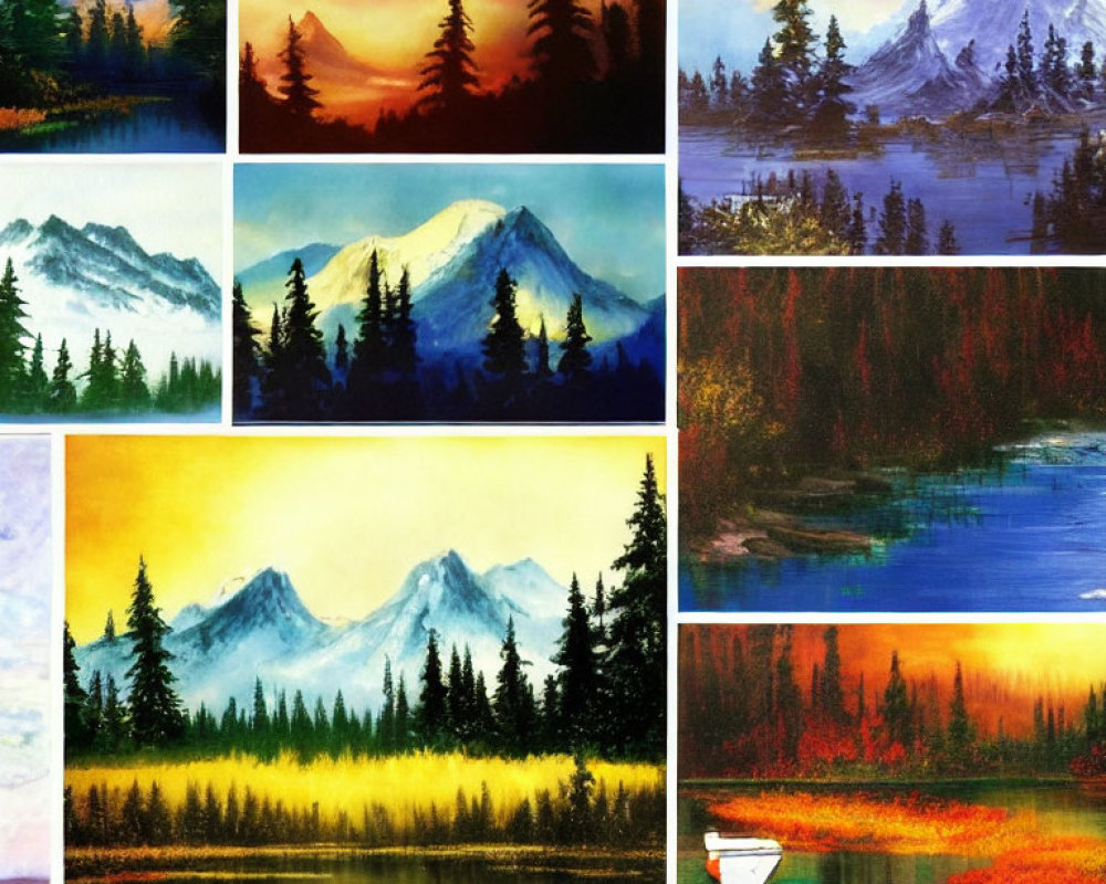 Vibrant Landscape Collage: Mountains, Trees, Reflecting Water, Sky Hues