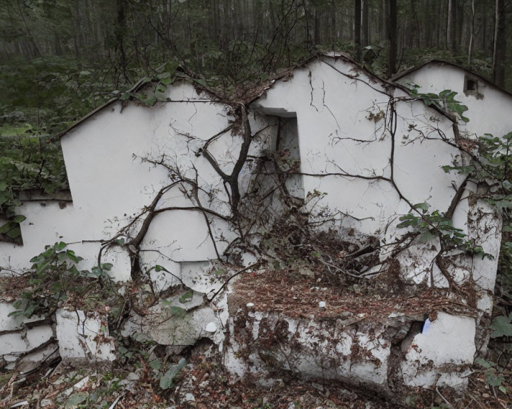 Overgrown vines on cracked white wall in forest