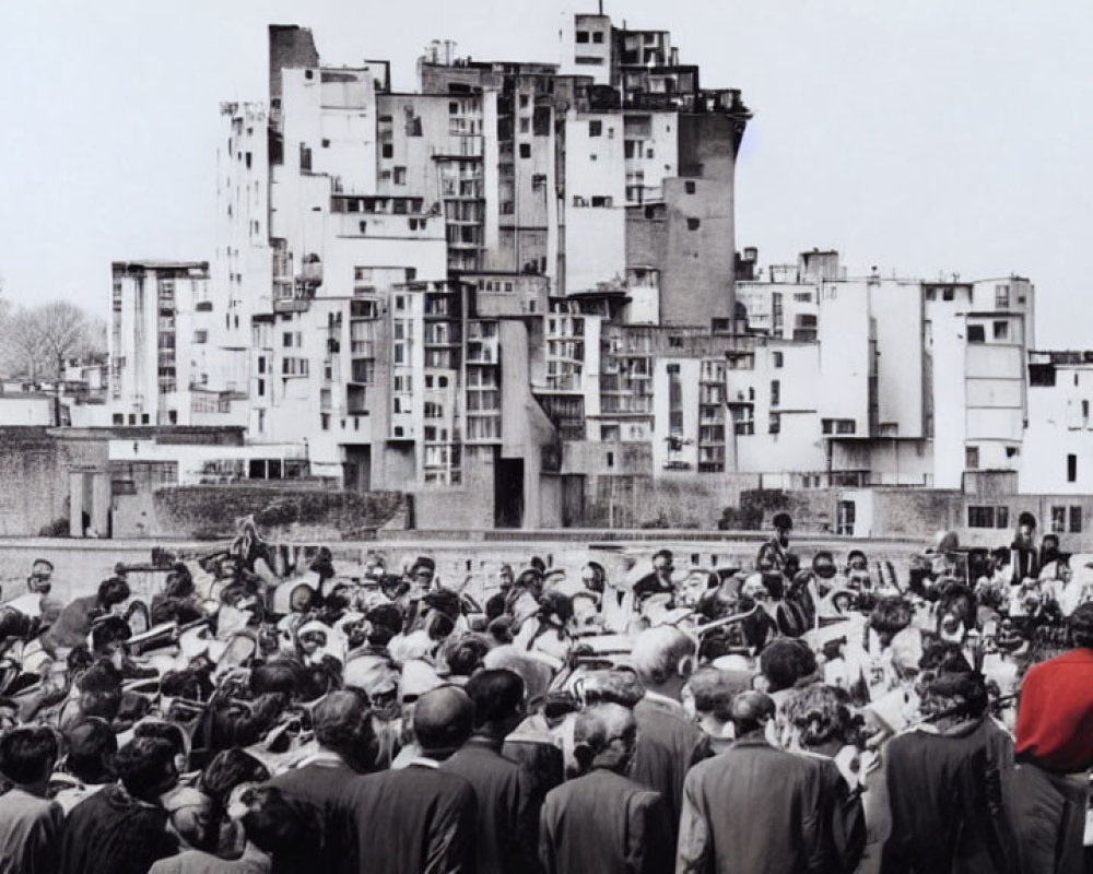 Vintage crowd photo with speaker and unique architecture