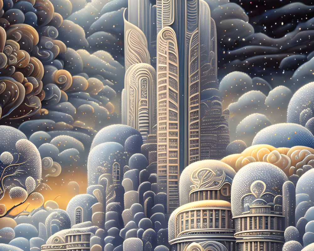 Fantastical cityscape with towering buildings in dreamlike Art Deco style