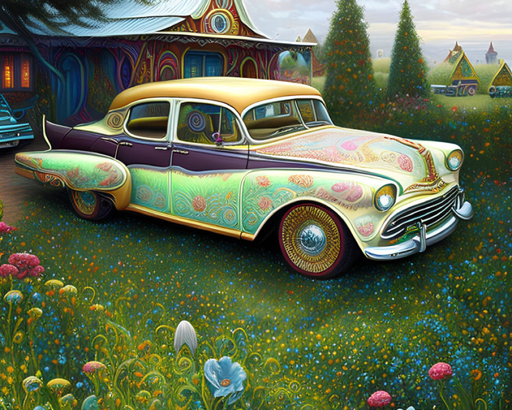 Colorful vintage car parked in front of whimsical cottage in lush garden