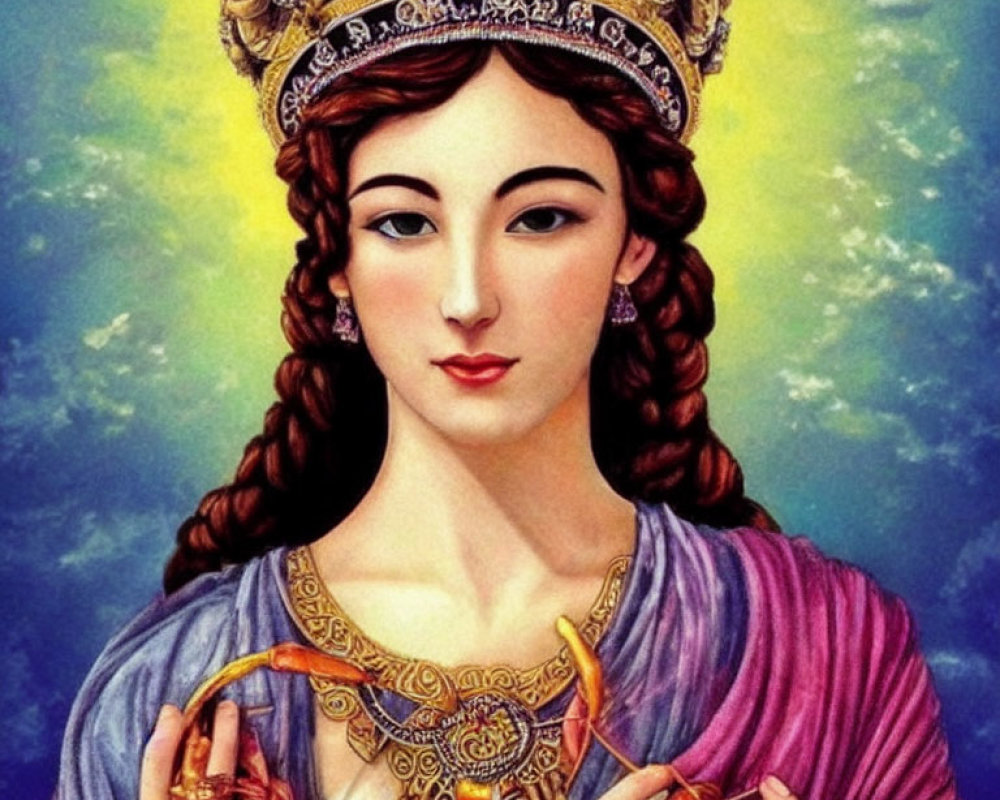 Illustration of woman with crown, braided hair, traditional attire, holding ring and jewelry