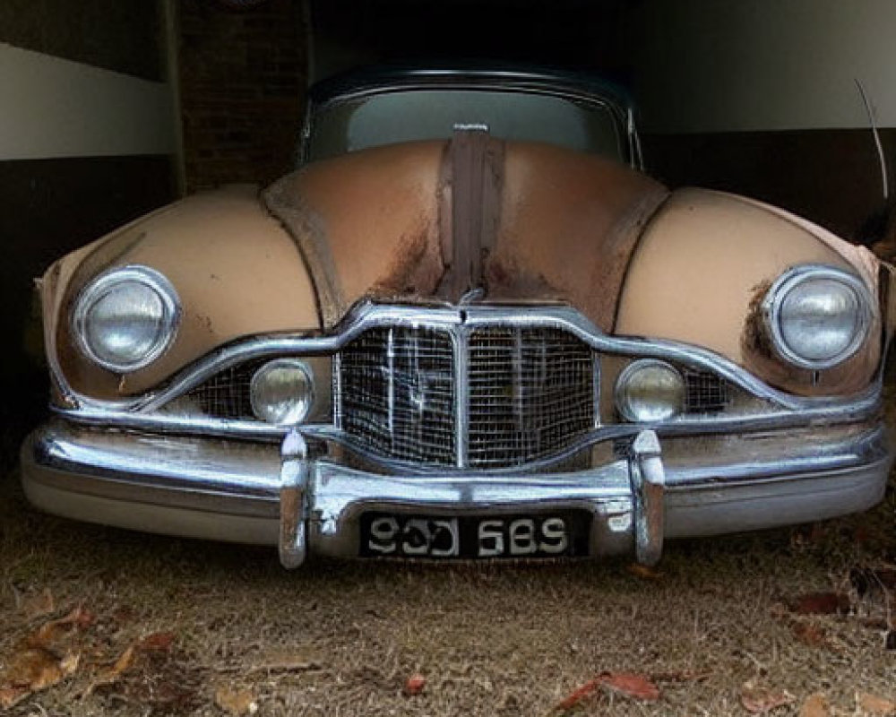 Rusted car with round headlights in dimly lit garage