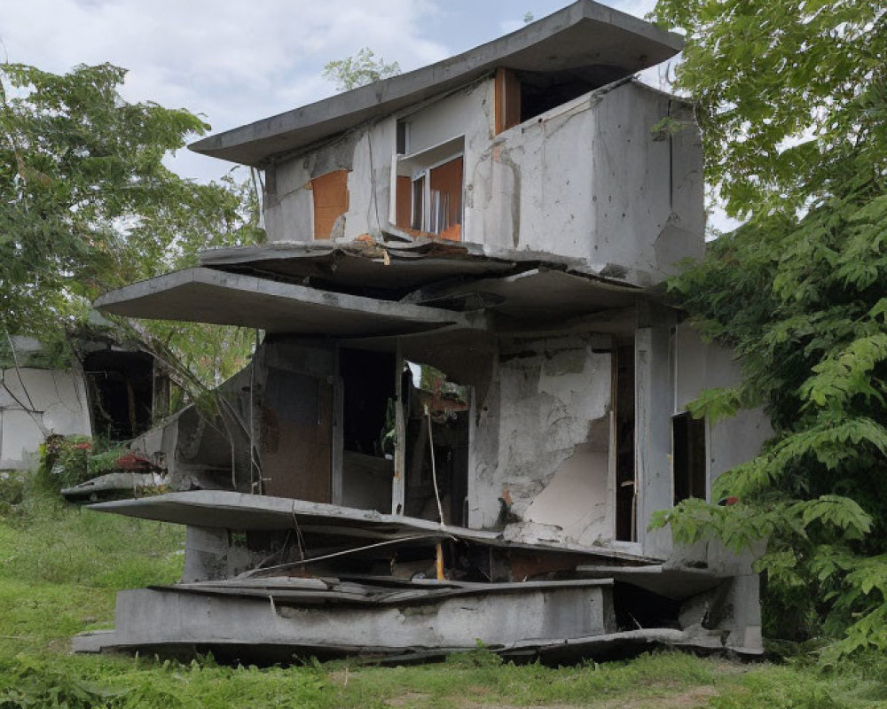 Abandoned two-story concrete building in disrepair surrounded by greenery