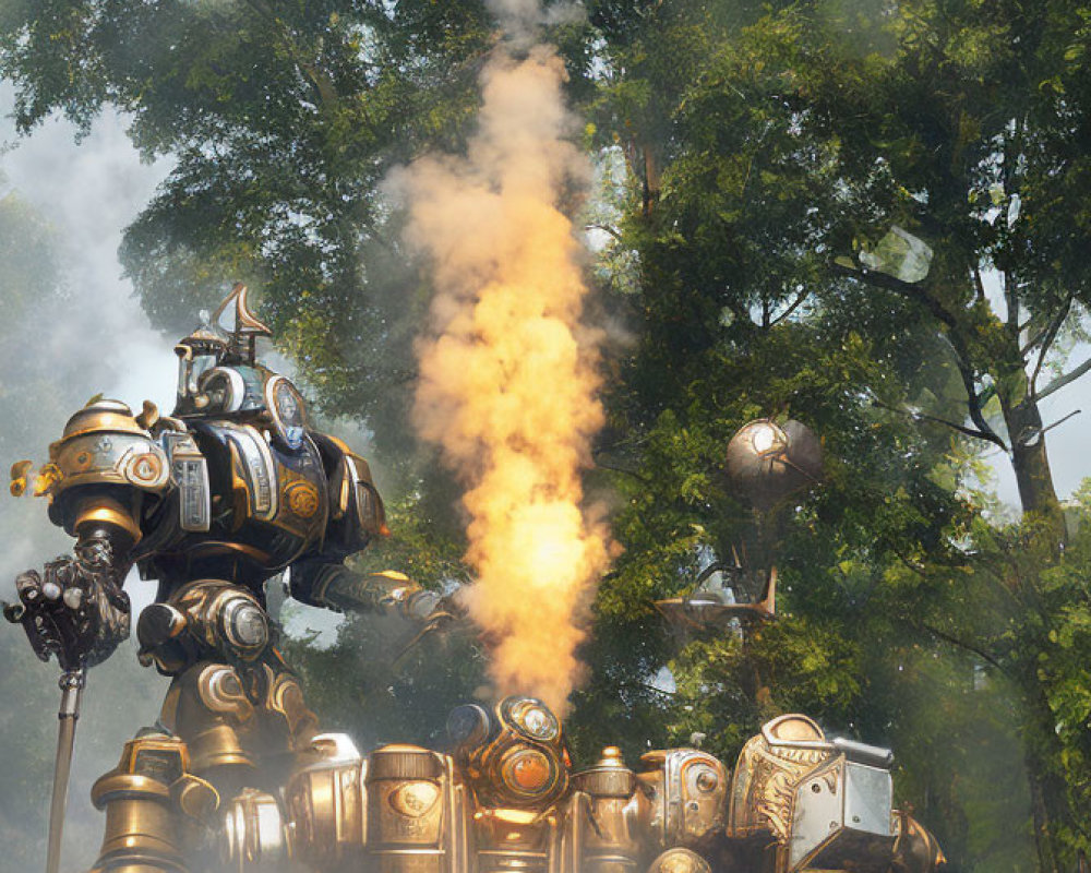 Steampunk-style robot with gears in misty forest