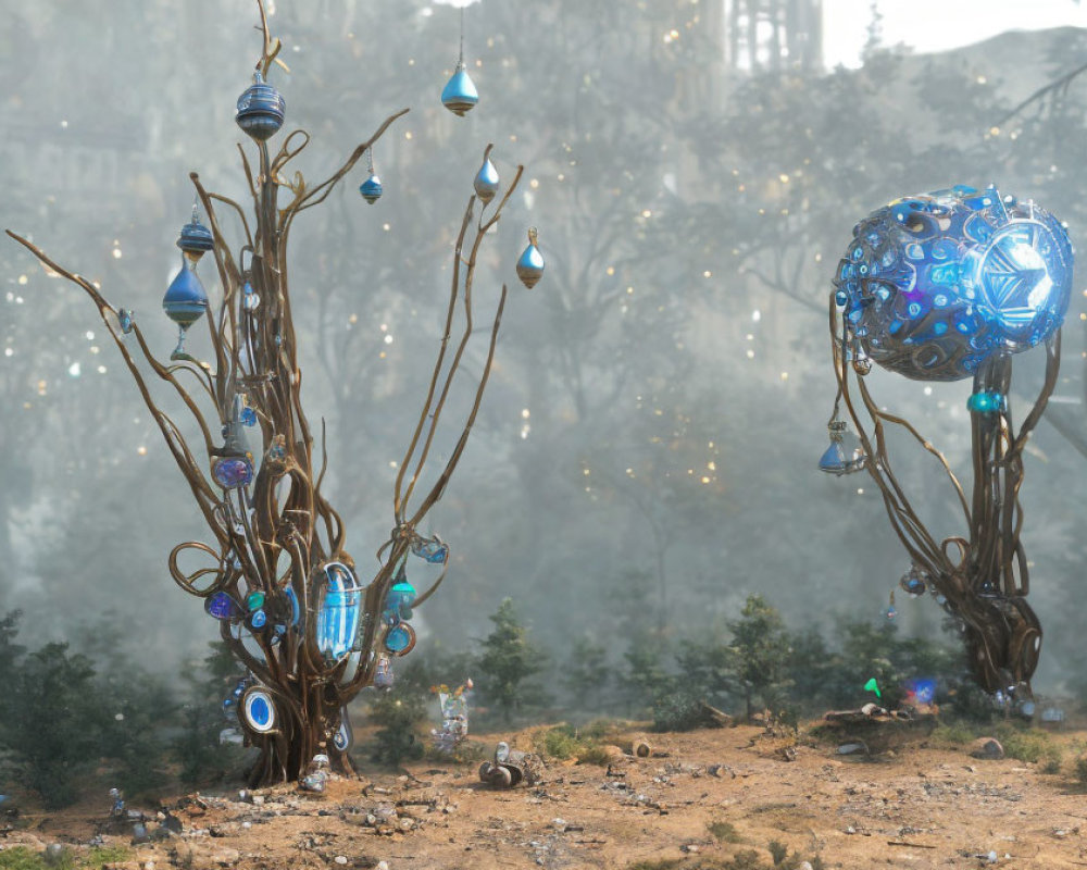 Barren trees with blue and silver ornaments in mystical forest scene