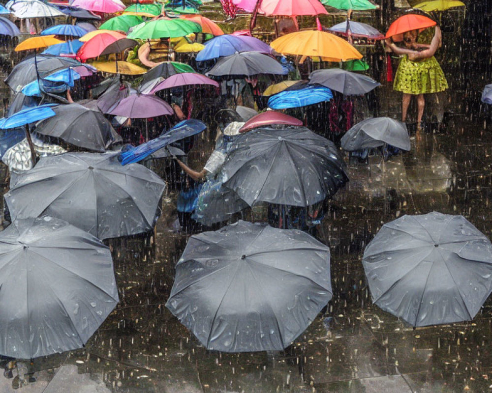 Colorful Umbrellas in Rain with Water Droplets and Lone Figure Getting Wet