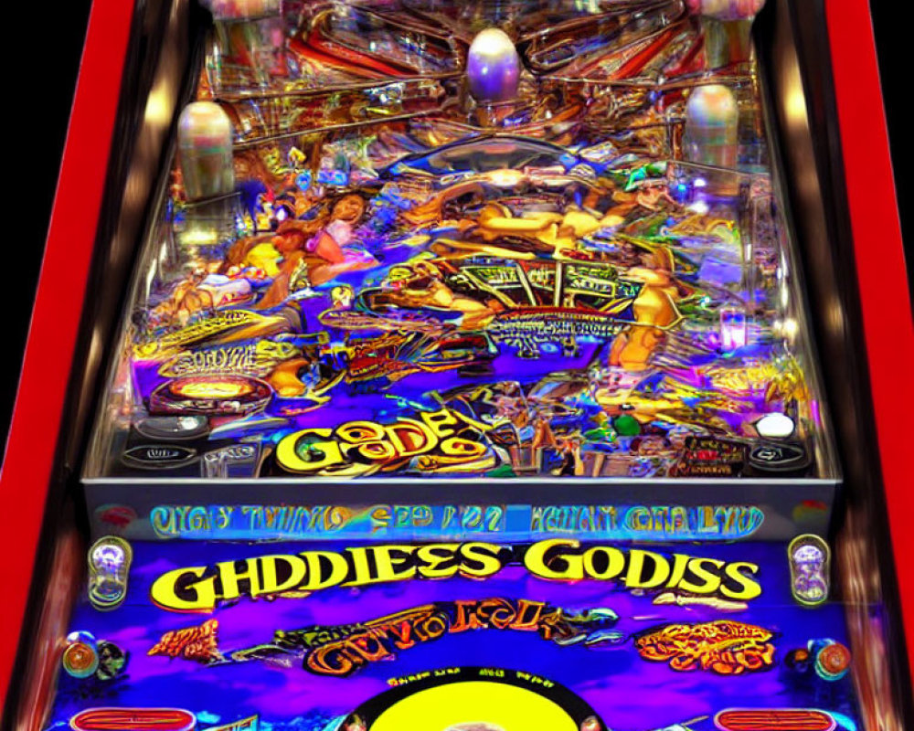 Colorful Pinball Machine with Mythical Goddess Theme and Neon Lights