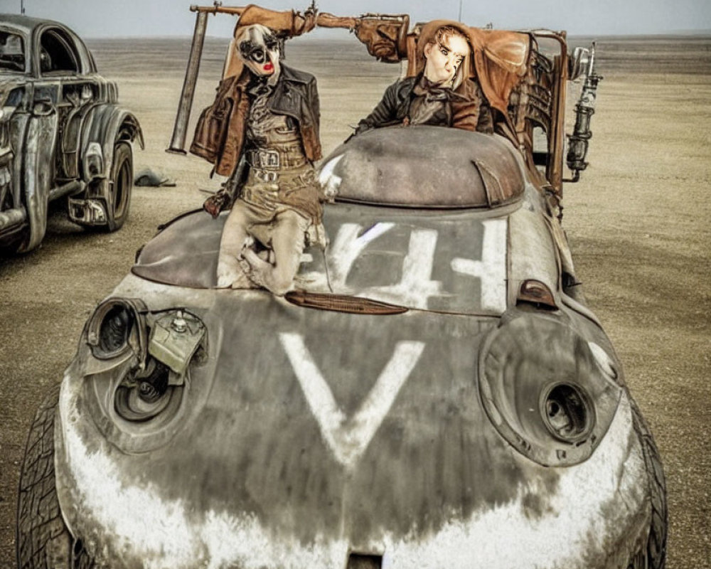 Two people in goggles with a weathered "V" car in a desert scene