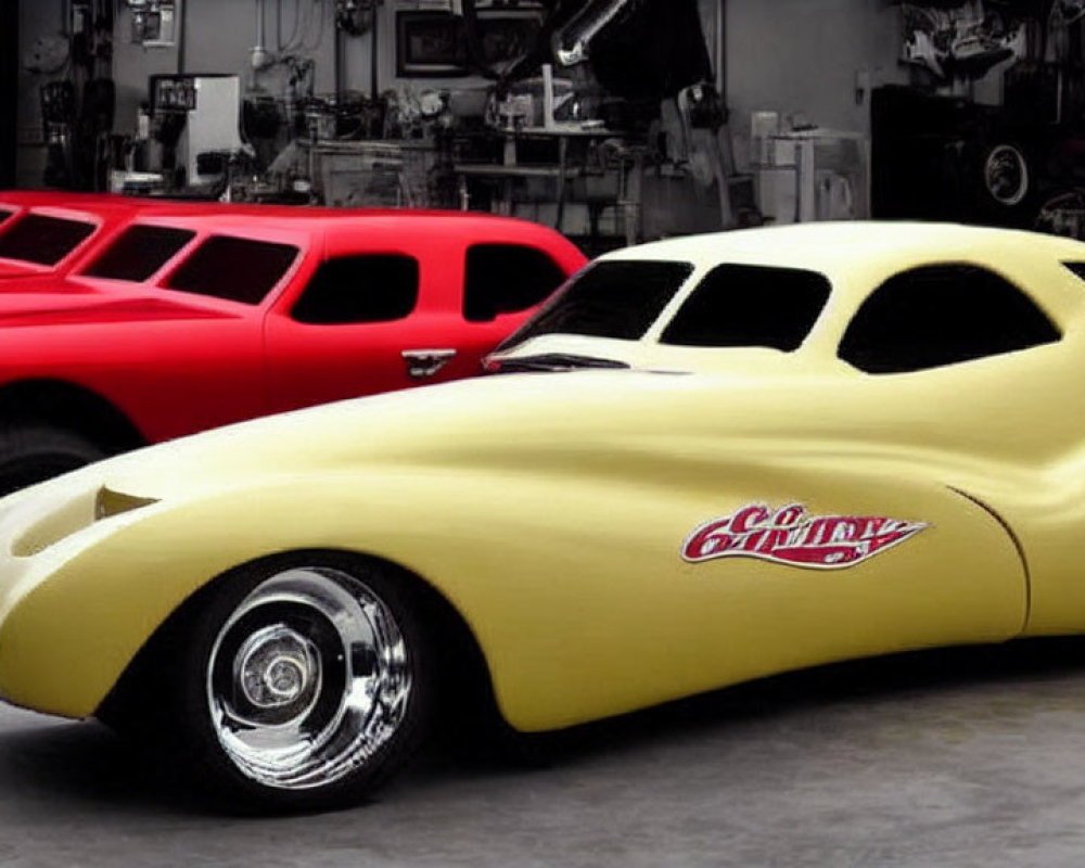 Custom yellow classic car and red sports car in garage with automotive equipment