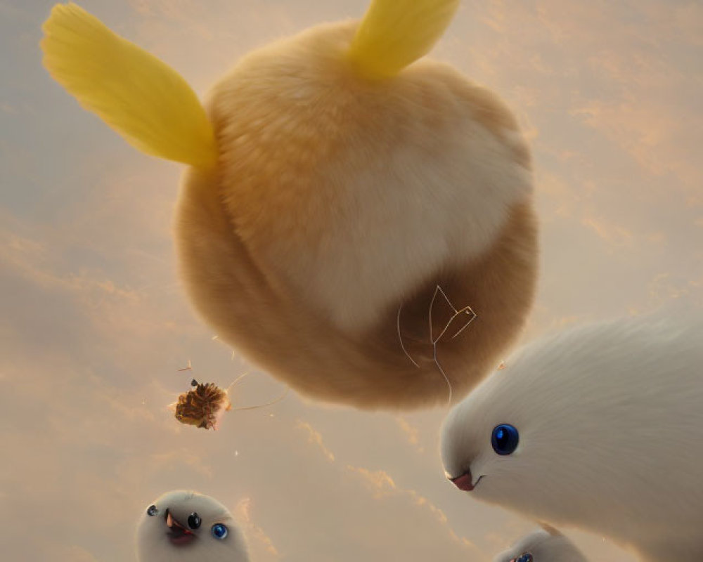 Fluffy creatures with large eyes and wings in surreal sky