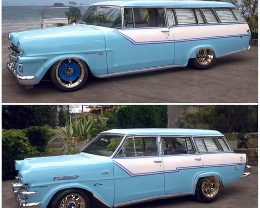 Classic Blue and White Station Wagon by Water and Trees