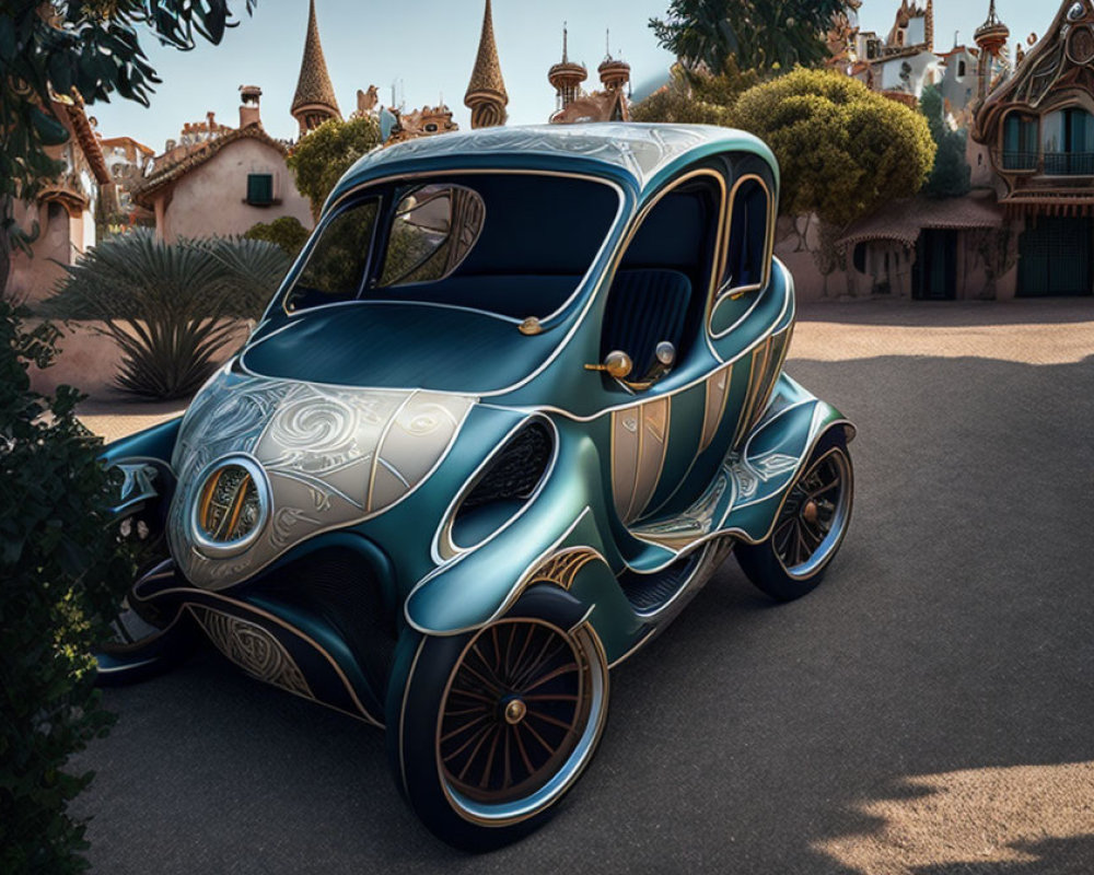 Vintage-style futuristic car parked in whimsical courtyard.