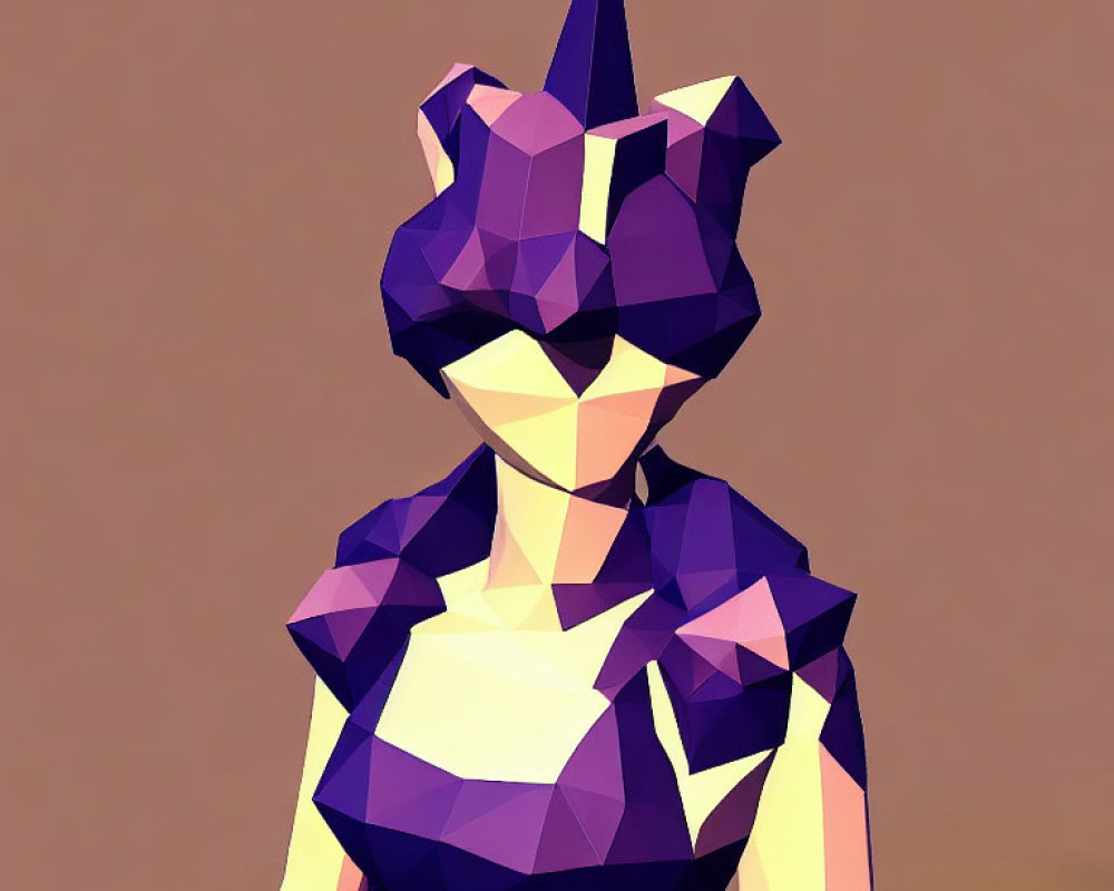 Geometric low-poly person art with unicorn mask in purple and beige