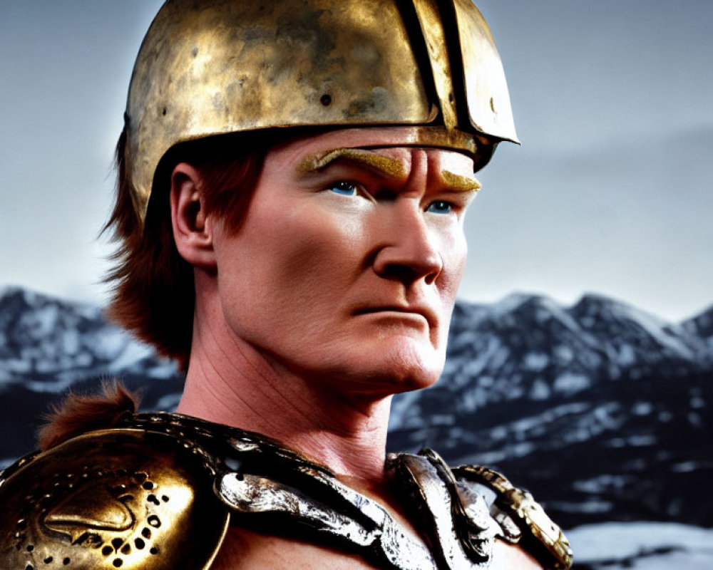 Red-Haired Warrior in Ancient Armor with Mountains Background