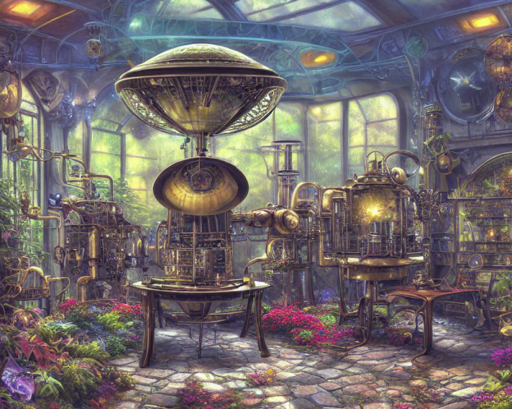 Steampunk greenhouse with mechanical devices, lush plants, and golden lighting