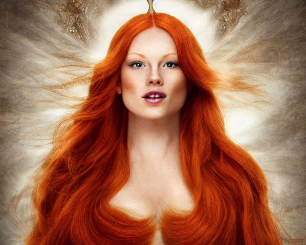 Vibrant red-haired woman with mystical aura on textured backdrop