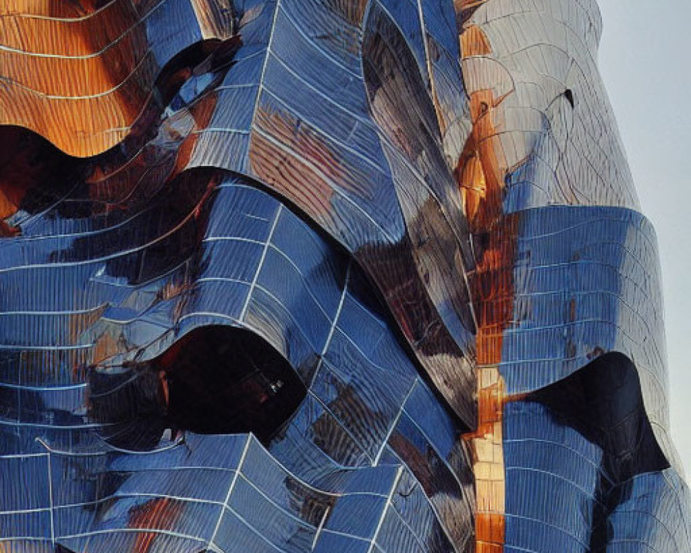 Abstract architectural structure with undulating metal panels in orange and blue hues at dusk