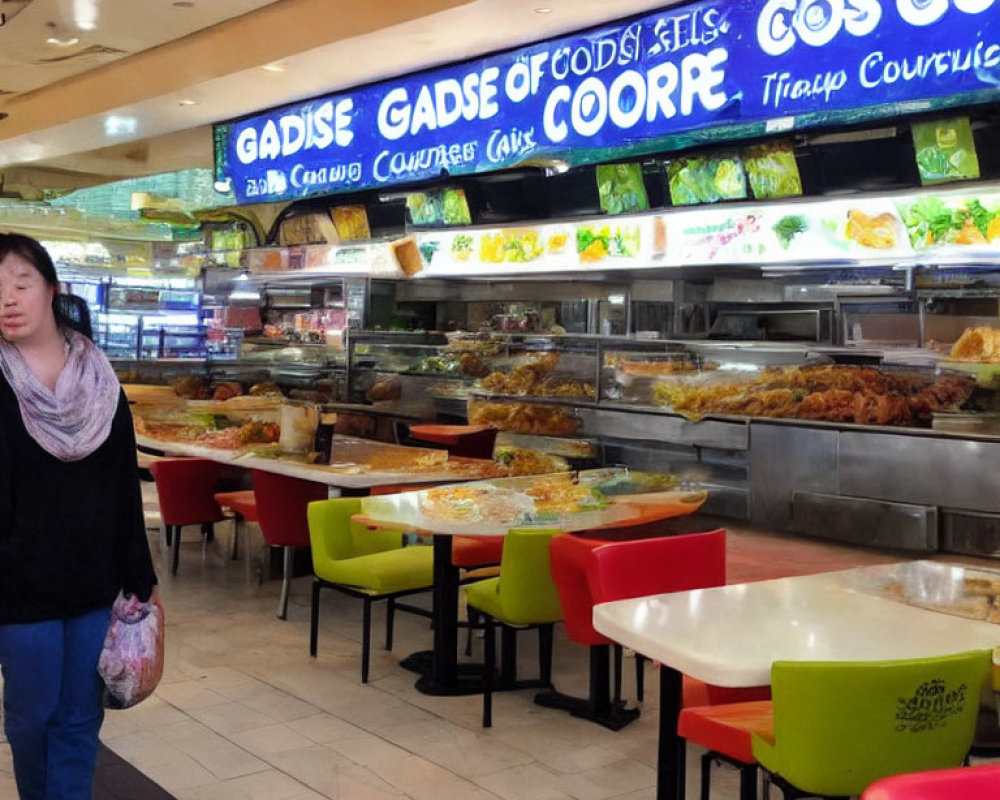 Woman walking past diverse food court with displayed dishes and empty red-green chairs