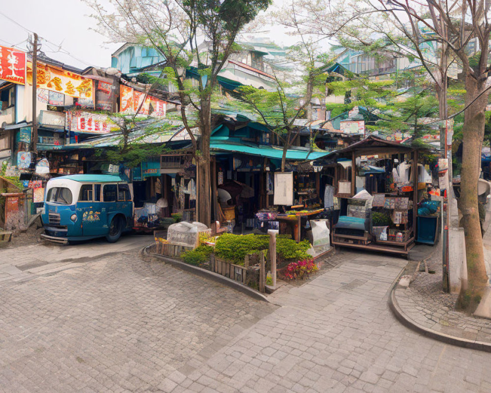 Traditional shops, blue van, trees, and potted plants on busy street under overcast sky