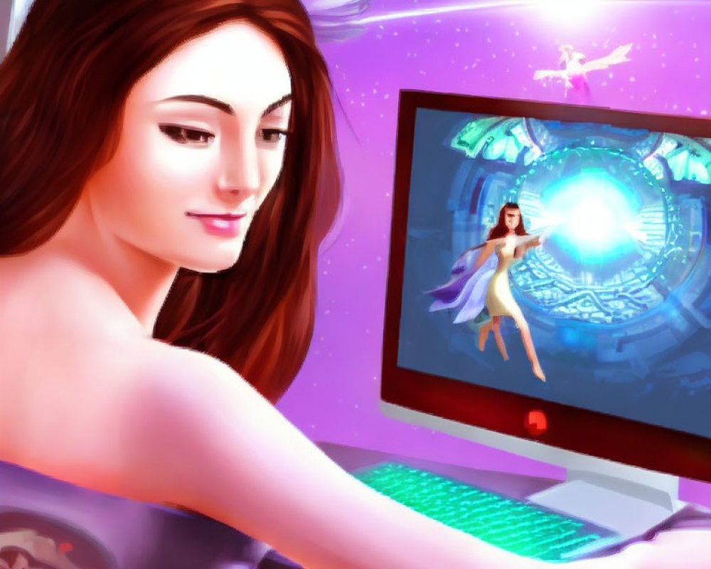 Digital illustration: Smiling woman playing fantasy computer game