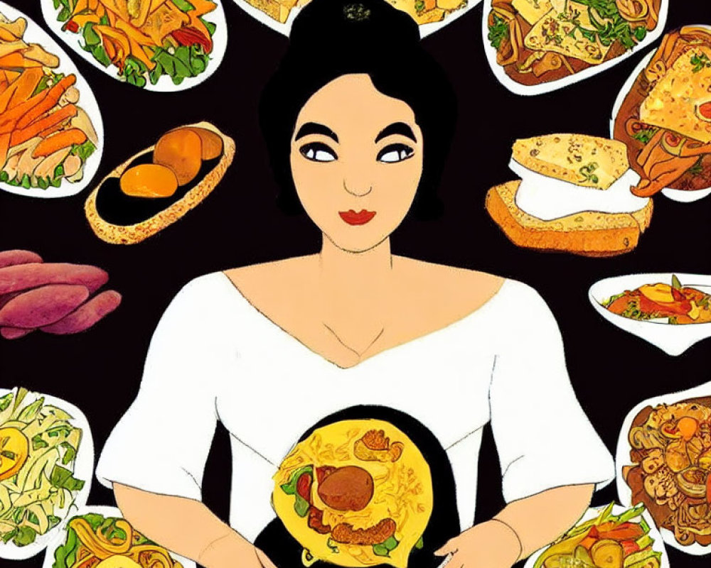 Woman surrounded by pasta, sandwiches, salads, and roasted chicken plate.