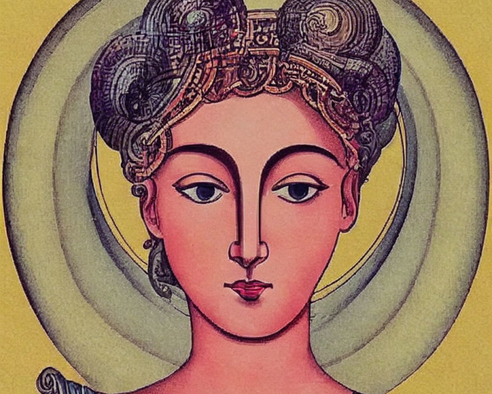 Stylized woman's face with large eyes and ornate hair on yellow background