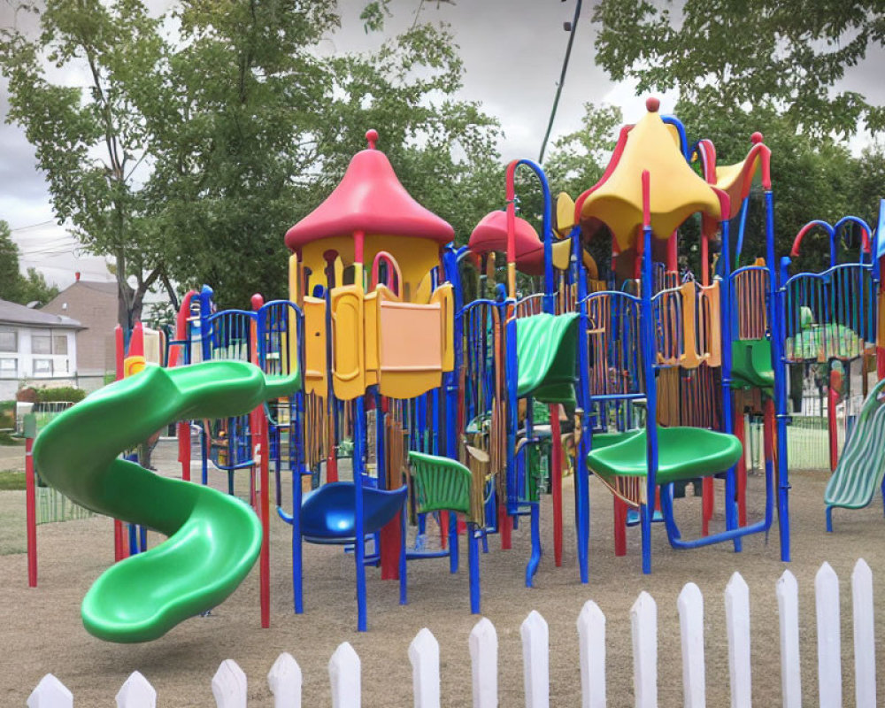 Vibrant playground with slides and climbing structures under cloudy sky