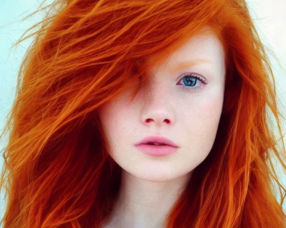 Portrait of Woman with Red Hair, Blue Eye, and Neutral Expression