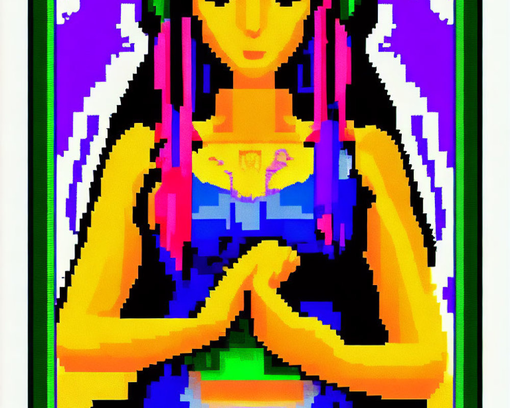 Pixelated image of person with long hair and headphones in colorful attire against abstract multicolored background