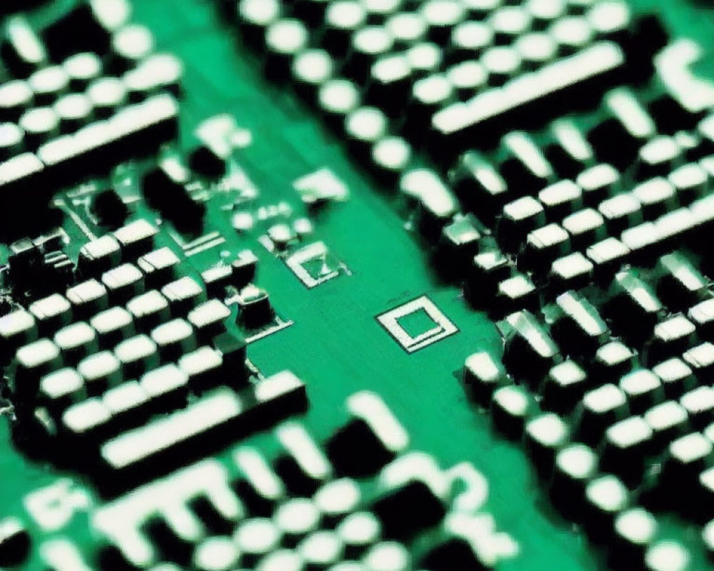 Detailed Image: Green Circuit Board with Black Integrated Circuits