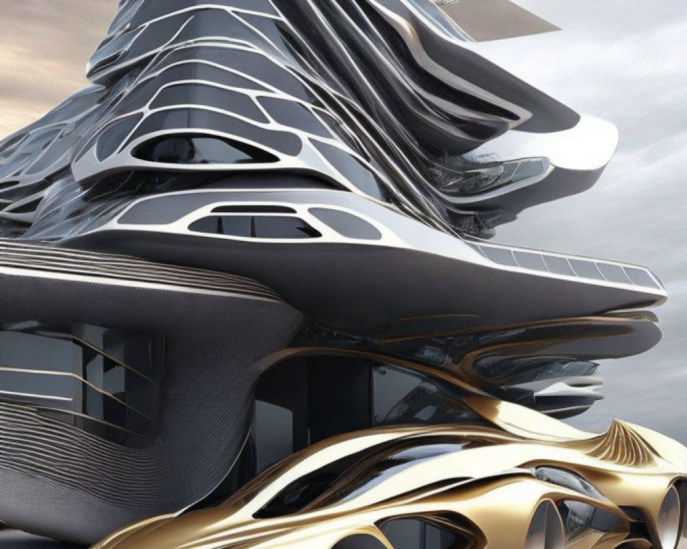 Innovative Futuristic Building and Gold-Colored Concept Car