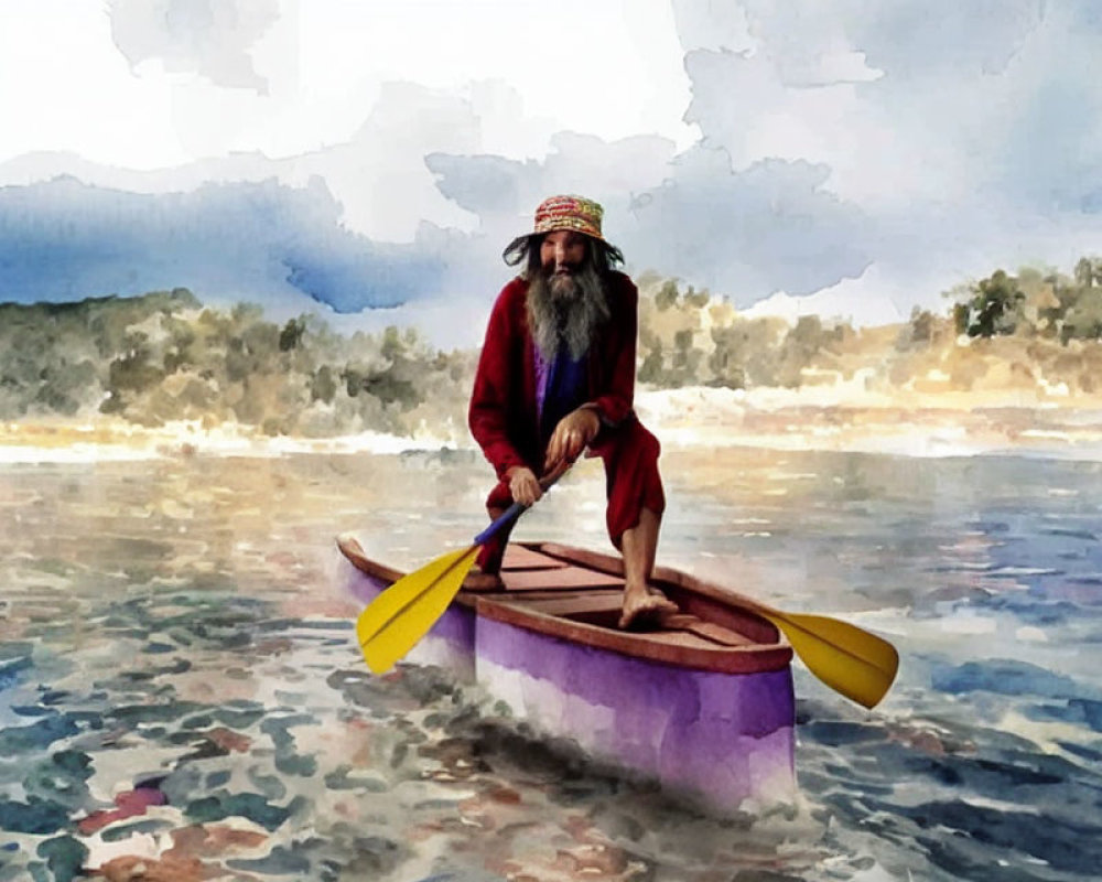 Bearded Person Kayaking in Red Outfit on Calm Waters