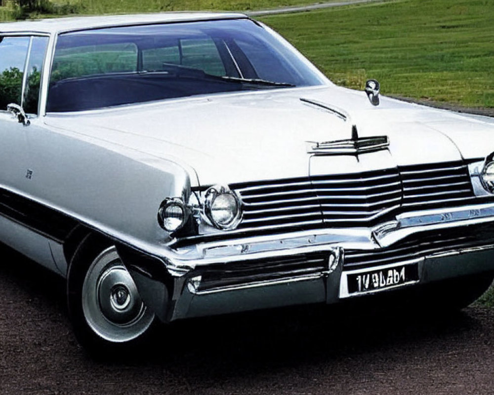 Classic Vintage White Car with Chrome Details on Grass Field