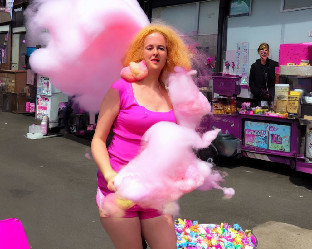 Colorful Sweet Stall with Woman and Cotton Candy Stand