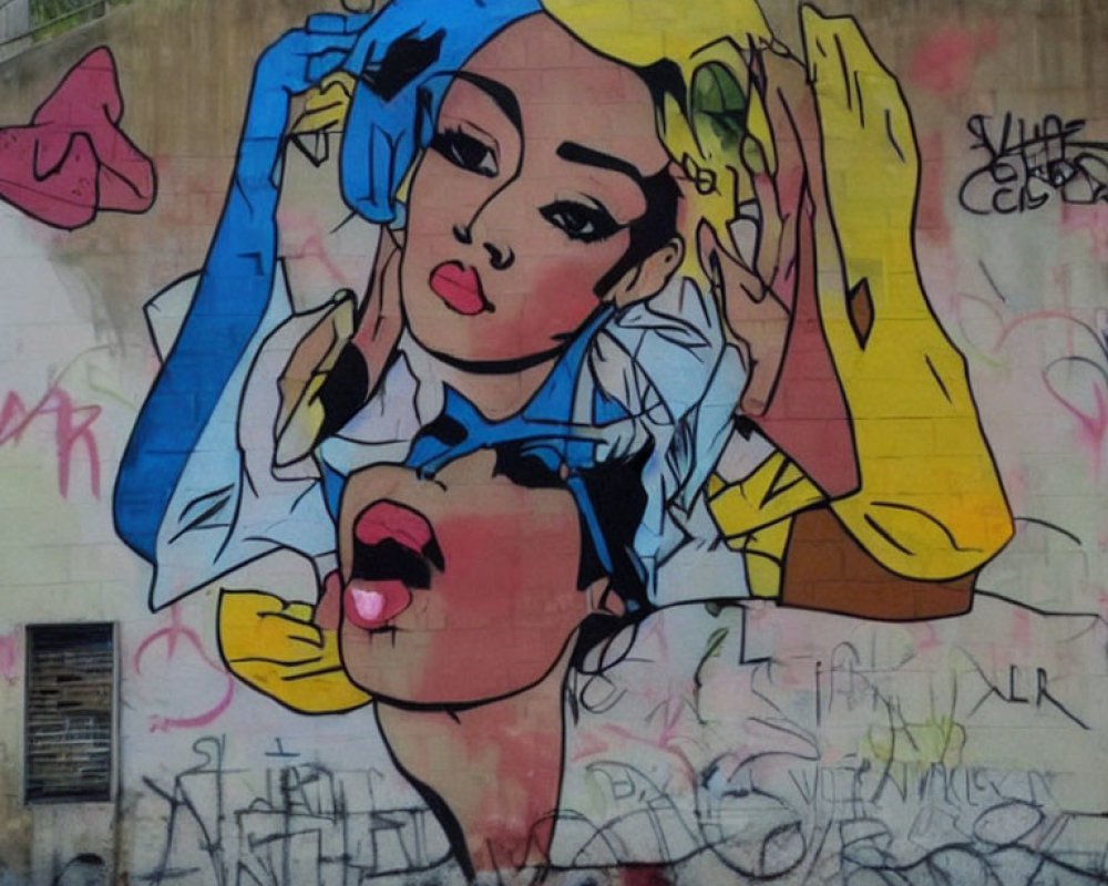 Colorful urban graffiti of overlapping female faces with bold lines in blue, yellow, and pink.